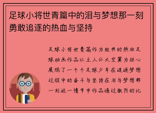 足球小将世青篇中的泪与梦想那一刻勇敢追逐的热血与坚持